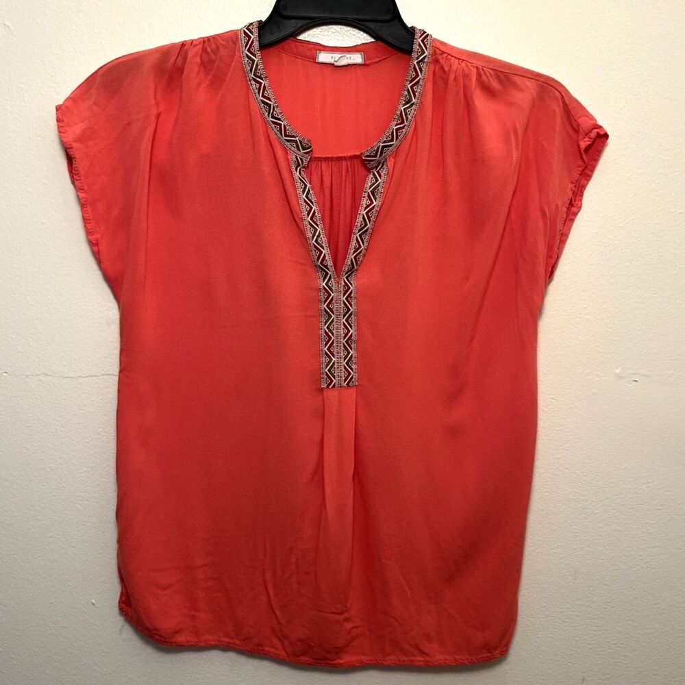 PLEIONE Y2K Early 2000s Aztec Boho Geometric Trimmed Split Neck Tunic, Salmon- M